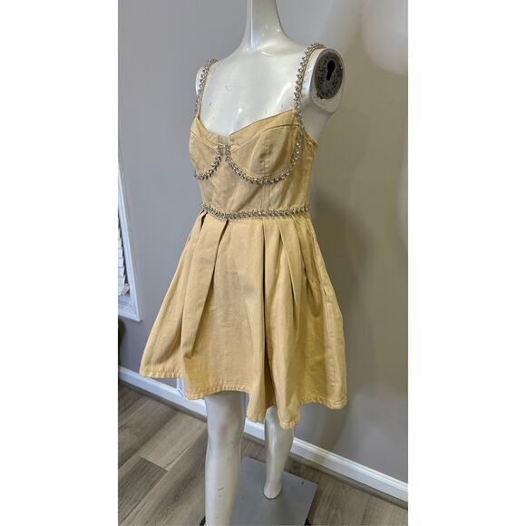 NWT SELF PORTRAIT BEIGE DIAMANTE DENIM MINI DRESS $495 - Picture 6 of 12